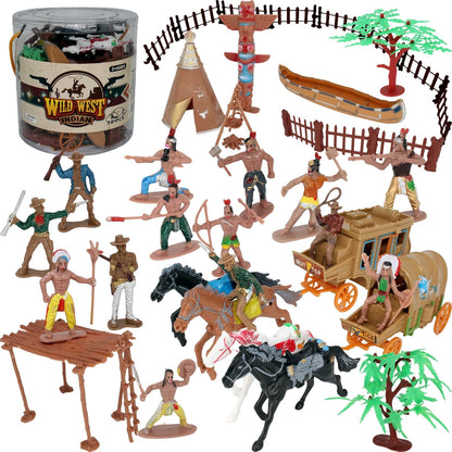 58 Pcs Wild West Cowboys and Indians Plastic Figures Toys Play Set, Toy Figure Action Soldiers and Native American Accessories Figure Playset Birthday Gift