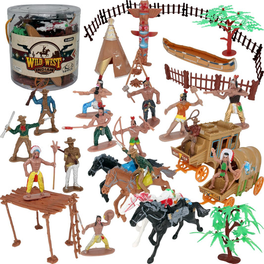 58 Pcs Wild West Cowboys and Indians Plastic Figures Toys Play Set, Toy Figure Action Soldiers and Native American Accessories Figure Playset Birthday Gift