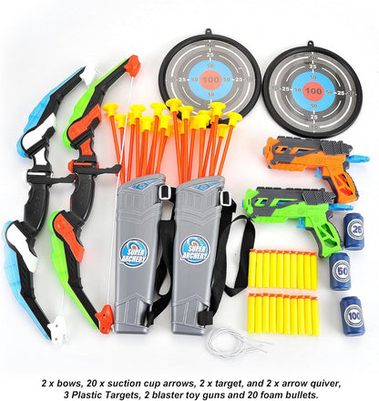 2 Pack Bow and Arrow Set for Kids 8-12, Suction Cup Bow and Arrow Game Set with Target Practice LED Light Up Kids Archery Set Outdoor Play Toys 2 Quivers 2 Blasters 20 Arrows & Darts