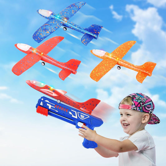 3 Pack Airplane Launcher Toys, 13.8” LED Catapult Foam Glider Plane Toy for Boys, 2 Flight Modes Outdoor Sport Flying Toys for Kids