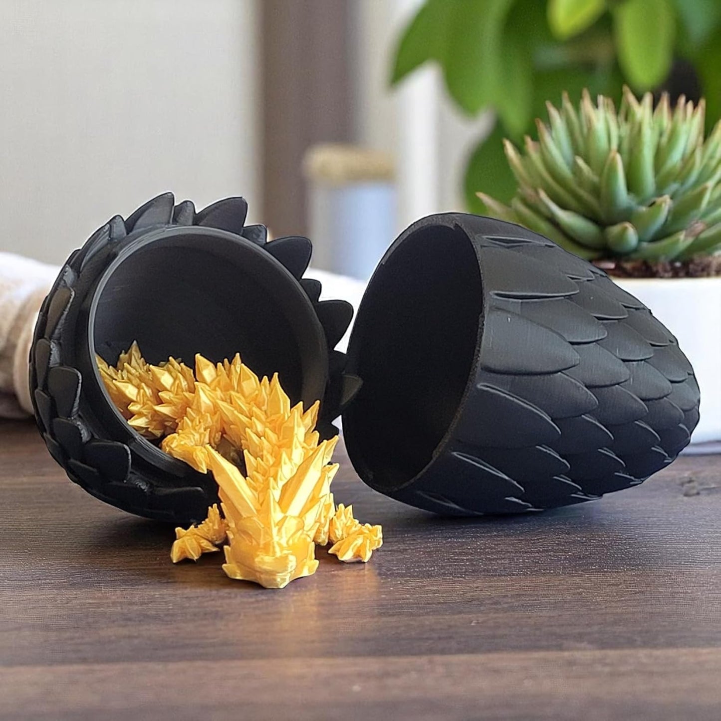 PowerTRC  3D Printed Dragon Egg with Dragon - Black Egg with Gold Dragon - Large Flexible Fidget 3D Printed Toy, Gift Bag Filler, Desk Decoration, Party Favor, Easter Basket Stuffers (12 Inch Dragon)