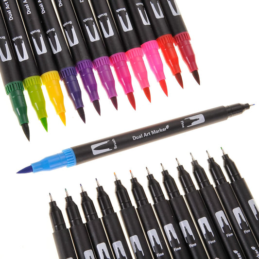 Dual Brush Marker Pens For Coloring, Journals, Drawing, Caligraphy, And Note Taking, Fine Point Markers And Pen For School Or Office, Pack Of 24 Colored Markers, Dual Tip Pens For Adults And Kids