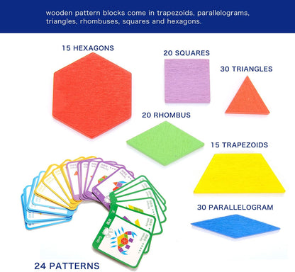 PowerTRC Wooden Pattern Block Toys for Kids | Colorful and Fun Shaped Learning Blocks | Educational Puzzle Set for Children Ages 3 and Up | 155 Pieces