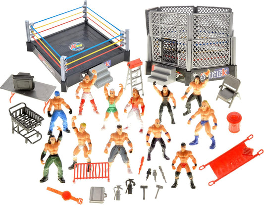 32 Pieces Wrestling Toys, Wrestler Play Set with 2 Wrestle Rings (Hexagon & Square), 12 Wrestlers, 18 Accessories, Toy Figures Cake Topper Birthday Party Decoration Gift Toy for Kids