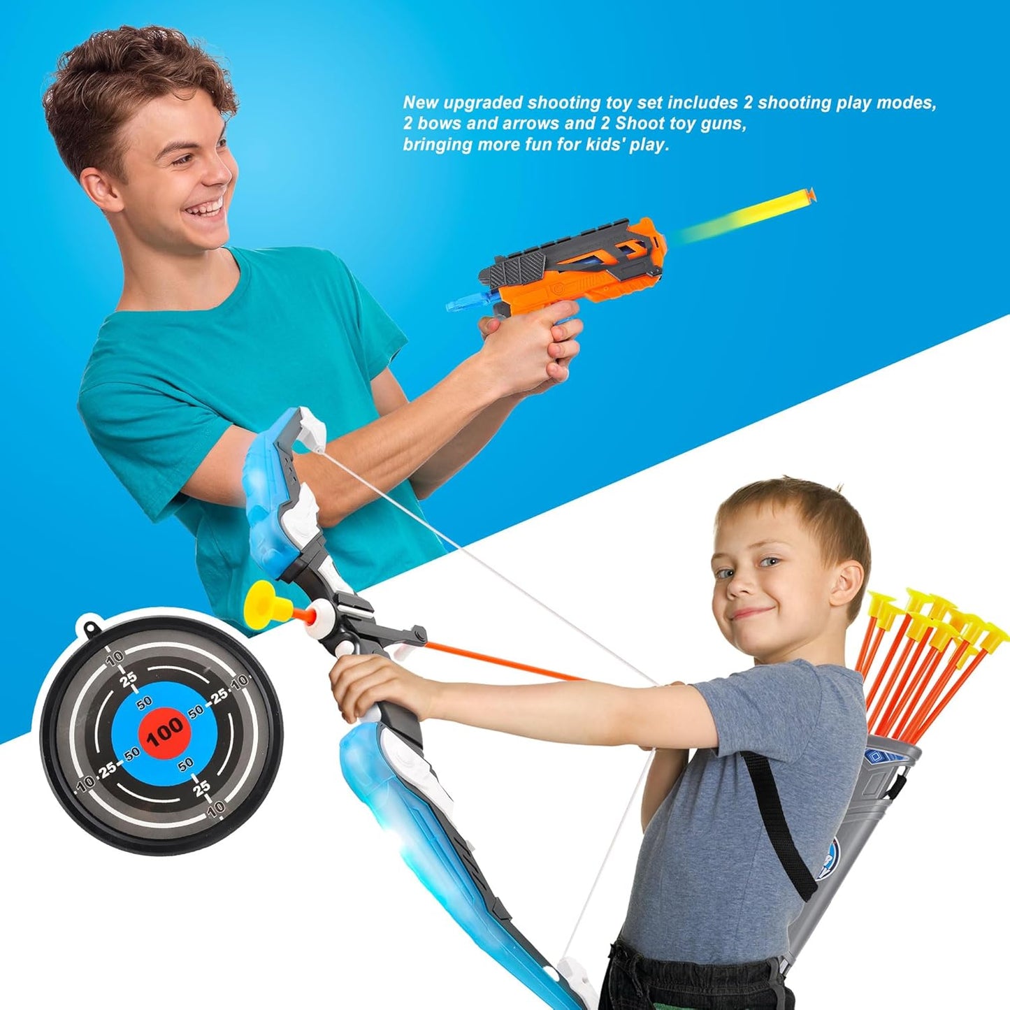 2 Pack Bow and Arrow Set for Kids 8-12, Suction Cup Bow and Arrow Game Set with Target Practice LED Light Up Kids Archery Set Outdoor Play Toys 2 Quivers 2 Blasters 20 Arrows & Darts