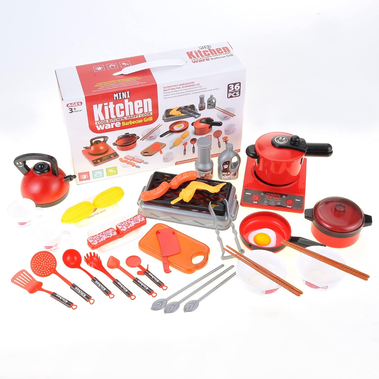36 Pcs Deluxe Kitchen Play Set and Accessories | Kitchen Cooking Pretend Toys with Pots and Pans, BBQ Grill, Utensils, and Play Food | Educational and Fun Gift for Boys and Girls 3+