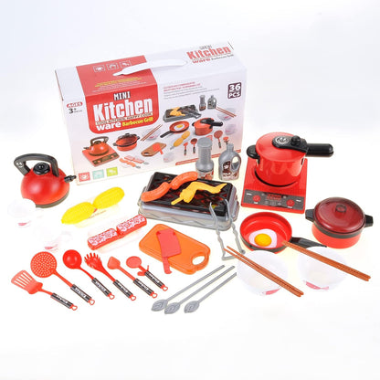 36 Pcs Deluxe Kitchen Play Set and Accessories | Kitchen Cooking Pretend Toys with Pots and Pans, BBQ Grill, Utensils, and Play Food | Educational and Fun Gift for Boys and Girls 3+