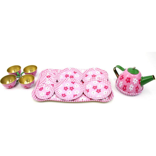 Flower Springtime Children's Kid's Full Metal Durable Pretend Play Toy Tea Set w/ Cups, Tea Pot, Plates, Tray