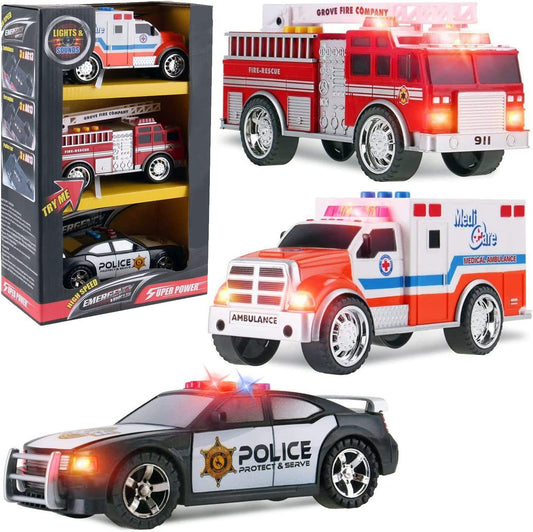 3-in-1 Emergency Vehicle Toy PlaySet For Kids (Fire Truck, Police Car, Ambulance)