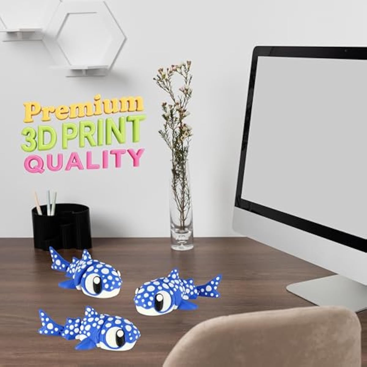 PowerTRC 3D Printed Articulated Whale Shark Fidget Toy 3 Pack – Flexible Cute Animal Desk Decor, Adult Fidget Collectible – 3D Printed in USA