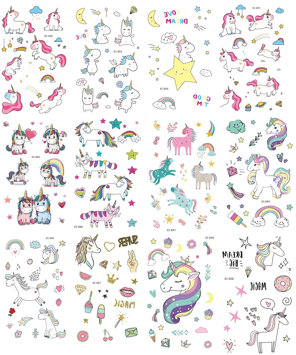 PowerTRC Temporary Tattoos For Kids, 12 Sheets Over 300 Tattoos For Endless Combinations And Styles, Durable Unicorn And Fantasy Theme'd Fake Tattoos