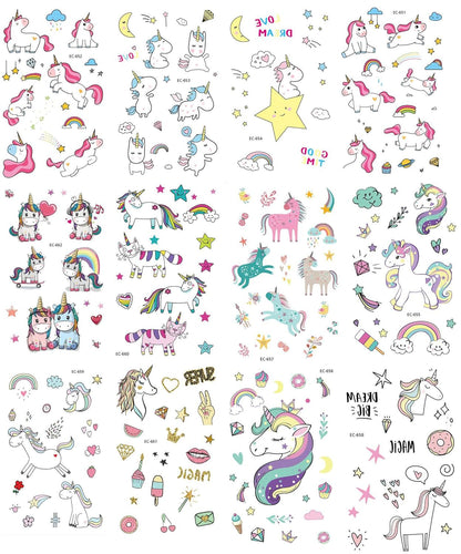 PowerTRC Temporary Tattoos For Kids, 12 Sheets Over 300 Tattoos For Endless Combinations And Styles, Durable Unicorn And Fantasy Theme'd Fake Tattoos