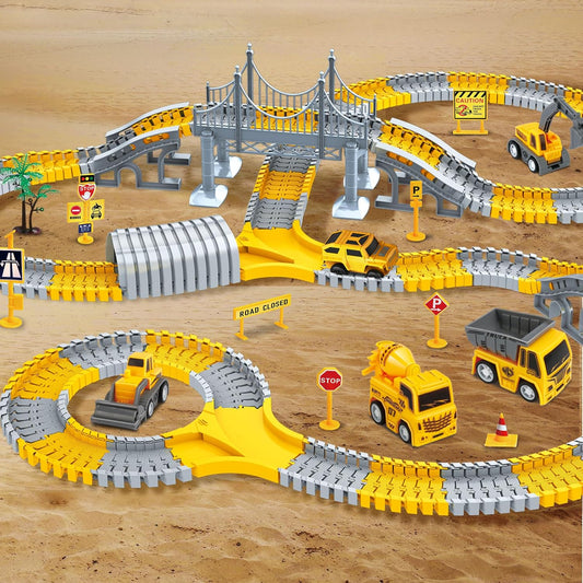 Construction Car Race Track for Kids, Construction TrucksWith Flexible Race Track Playset, Design Your Own Creative Track, 345 Piece Set, Road Engineering Gift for 3 4 5 6 7 8 Boys Girls