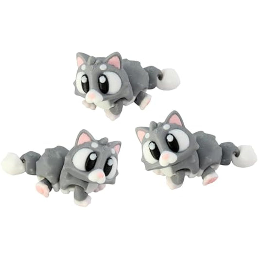3D Printed Articulated Cat Fidget Toy 3 Pack – Flexible Cute Animal Desk Decor, Adult Stress Relief Collectible – 3D Printed in USA