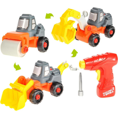 3-in-1 Take Apart Educational Toy Construction Truck with Power Tool | Change to Bulldozer, Excavator, Roller Learning Playset for Kids