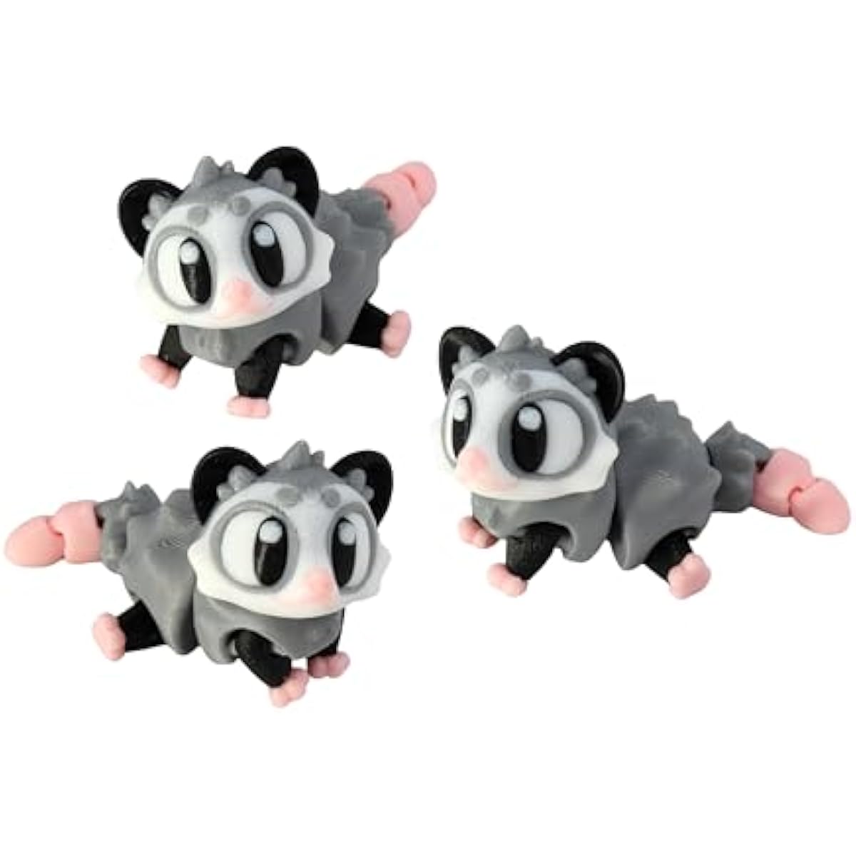 3D Printed Articulated Opossum Fidget Toy 3 Pack – Flexible Cute Animal Desk Decor, Adult Stress Relief Collectible – 3D Printed in USA