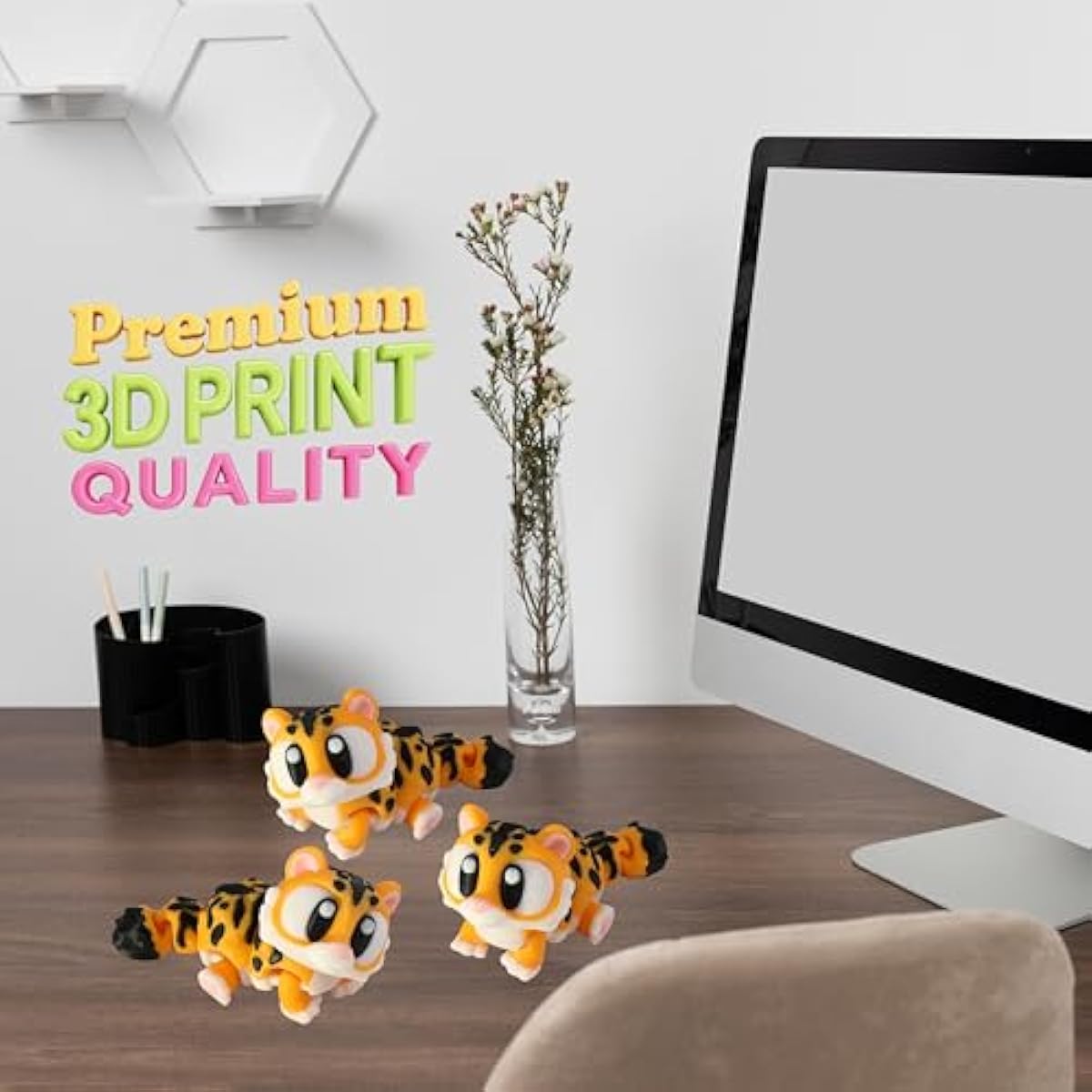 3D Printed Articulated Tiger Fidget Toy 3 Pack – Flexible Cute Animal Desk Decor, Adult Stress Relief Collectible – 3D Printed in USA