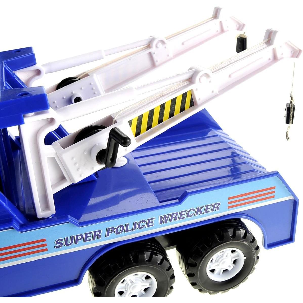 Police Tow Truck Toy for Boys Ages 3-5 | 13 inch Push & Go Realistic Friction Powered Wrecker with Working Winch Adjustable Double Hook Christmas Toy Gift