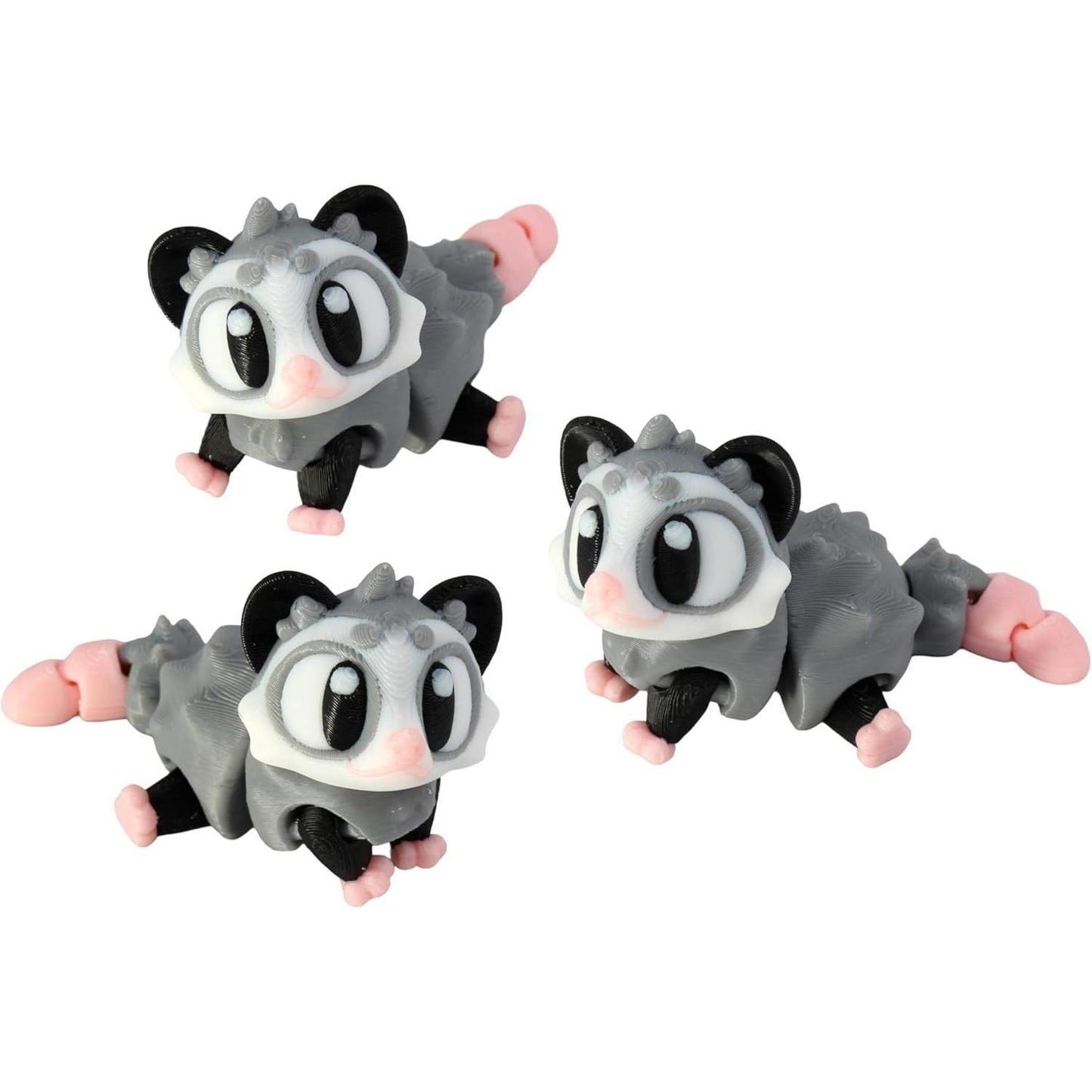 3D Printed Articulated Opossum Fidget Toy 3 Pack – Flexible Cute Animal Desk Decor, Adult Stress Relief Collectible – 3D Printed in USA