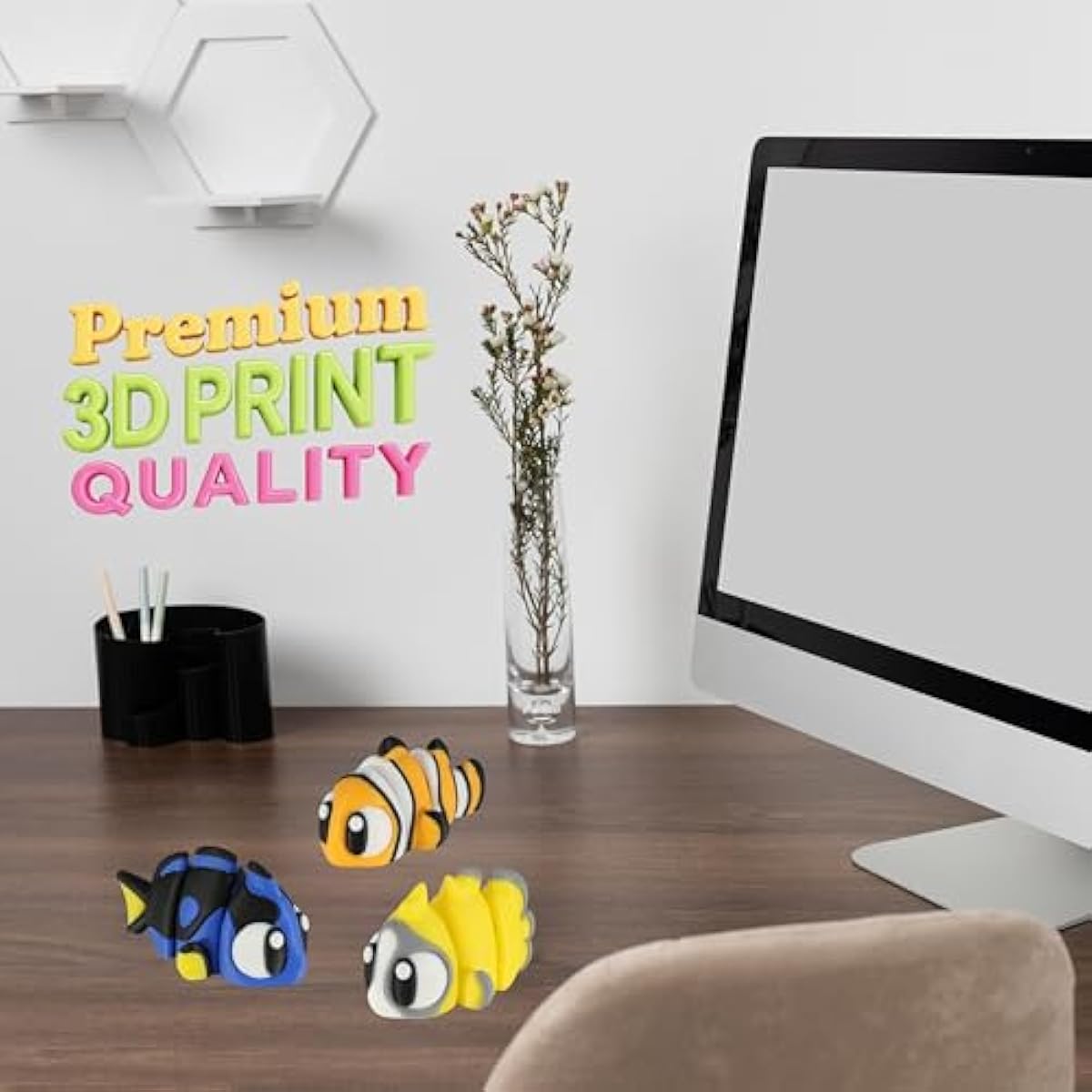 PowerTRC 3D Printed Articulated Tropical Fish Fidget Toy 3 Pack – Flexible Cute Animal Desk Decor, Adult Fidget Collectible – 3D Printed in USA