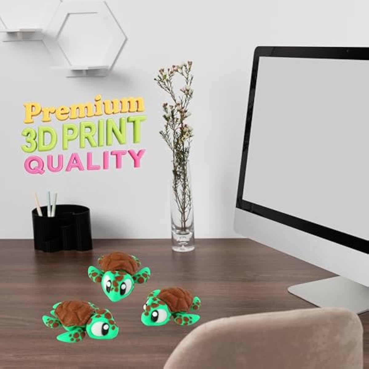 3D Printed Articulated Turtle Fidget Toy 3 Pack – Flexible Cute Animal Desk Decor, Adult Fidget Collectible – 3D Printed in USA