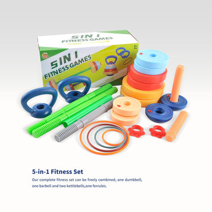 Kids Exercise Weight Set - 5-in-1 Adjustable Workout Toy Equipment for Children Pretend Play Exercise - Toddler Beginner Gym, Fitness, Weightlifting and Powerlifting