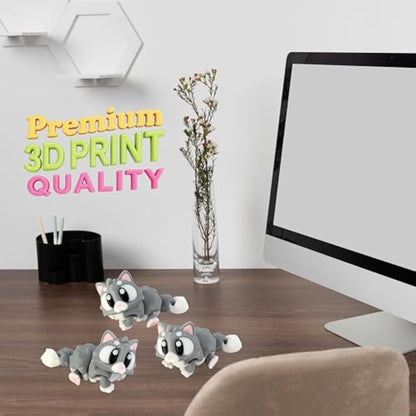 3D Printed Articulated Cat Fidget Toy 3 Pack – Flexible Cute Animal Desk Decor, Adult Stress Relief Collectible – 3D Printed in USA