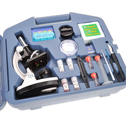 52-pcs Beginner Microscope STEM Kit with Metal Body Microscope, Plastic Slides, LED Light and Carrying Box (M30-ABS-KT2-W),White