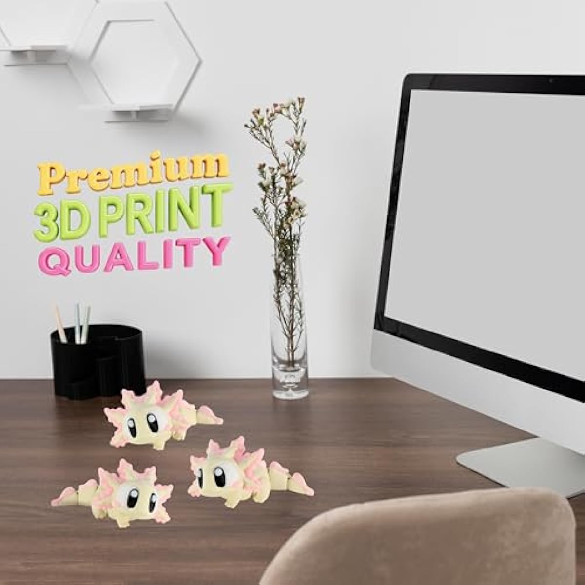 PowerTRC 3D Printed Articulated Axolotl Fidget Toy 3 Pack – Flexible Cute Animal Desk Decor, Adult Fidget Collectible – 3D Printed in USA
