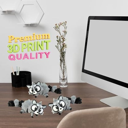 3D Printed Articulated Raccoon Fidget Toy 3 Pack – Flexible Cute Animal Desk Decor, Adult Stress Relief Fidget Collectible – 3D Printed in USA