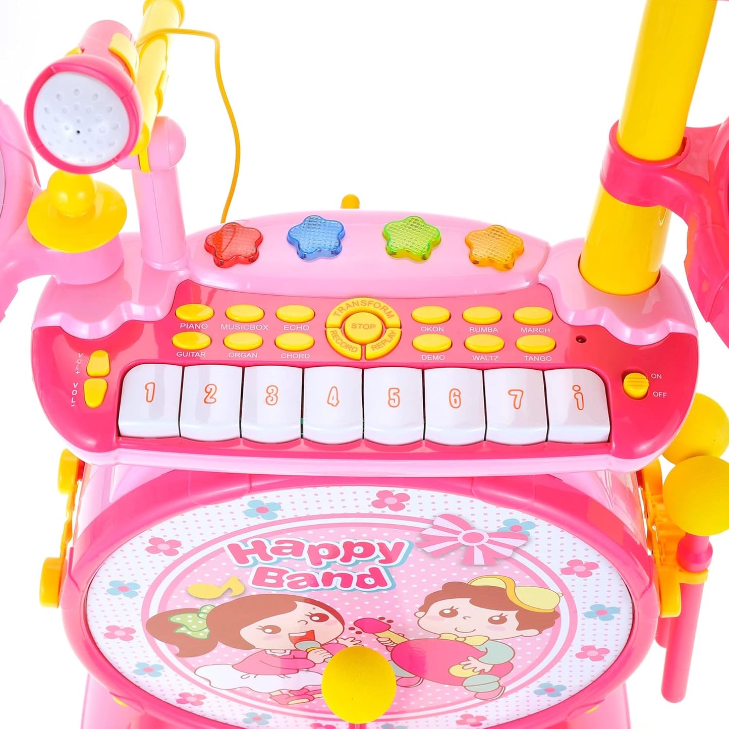 Deluxe 2 in 1 Keyboard and Drum Set Toy for Kids - Pink Colorful Lights, Includes Drum Set, Piano, and Microphone, Playful Design