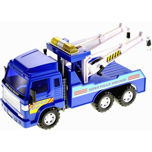 Police Tow Truck Toy for Boys Ages 3-5 | 13 inch Push & Go Realistic Friction Powered Wrecker with Working Winch Adjustable Double Hook Christmas Toy Gift