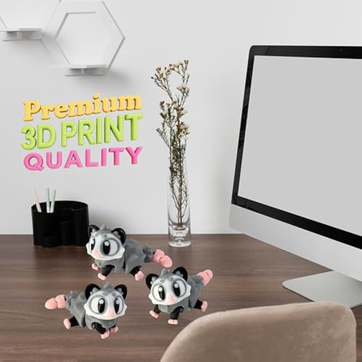 3D Printed Articulated Opossum Fidget Toy 3 Pack – Flexible Cute Animal Desk Decor, Adult Stress Relief Collectible – 3D Printed in USA
