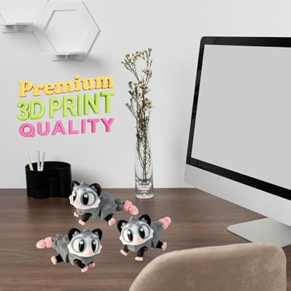 3D Printed Articulated Opossum Fidget Toy 3 Pack – Flexible Cute Animal Desk Decor, Adult Stress Relief Collectible – 3D Printed in USA