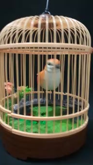 Singing & Chirping Bird in Cage, Realistic Sounds & Movements, Sound Activated, Battery Operated, Great Desk and Room Accessory, Pet Caged Bird Toy (10” x 7”)